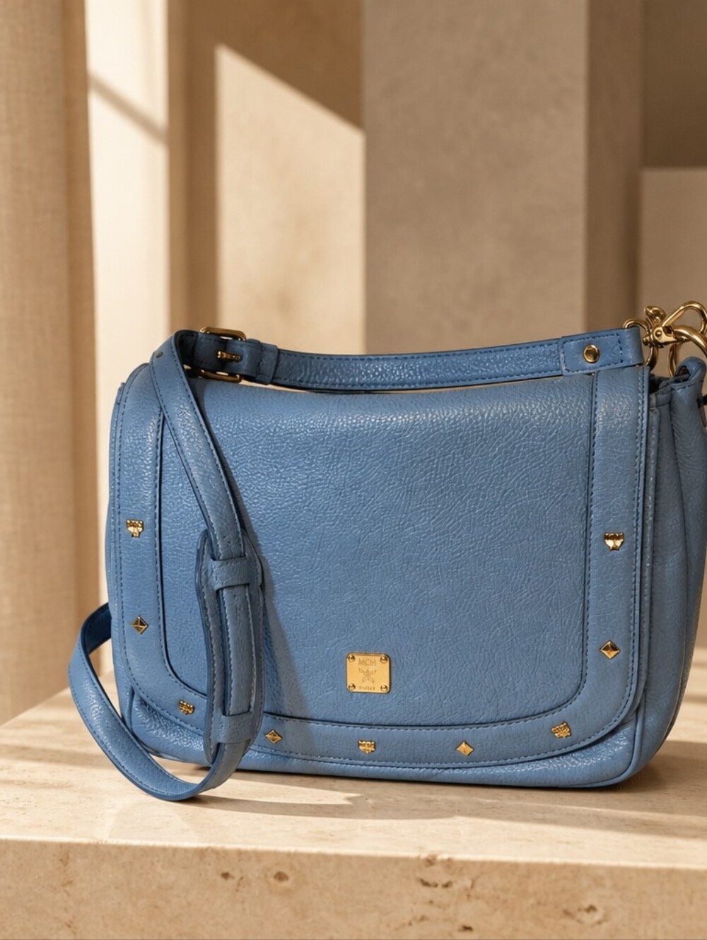 MCM Light Blue Pebbled Leather Shoulder Bag with Gold Hardware